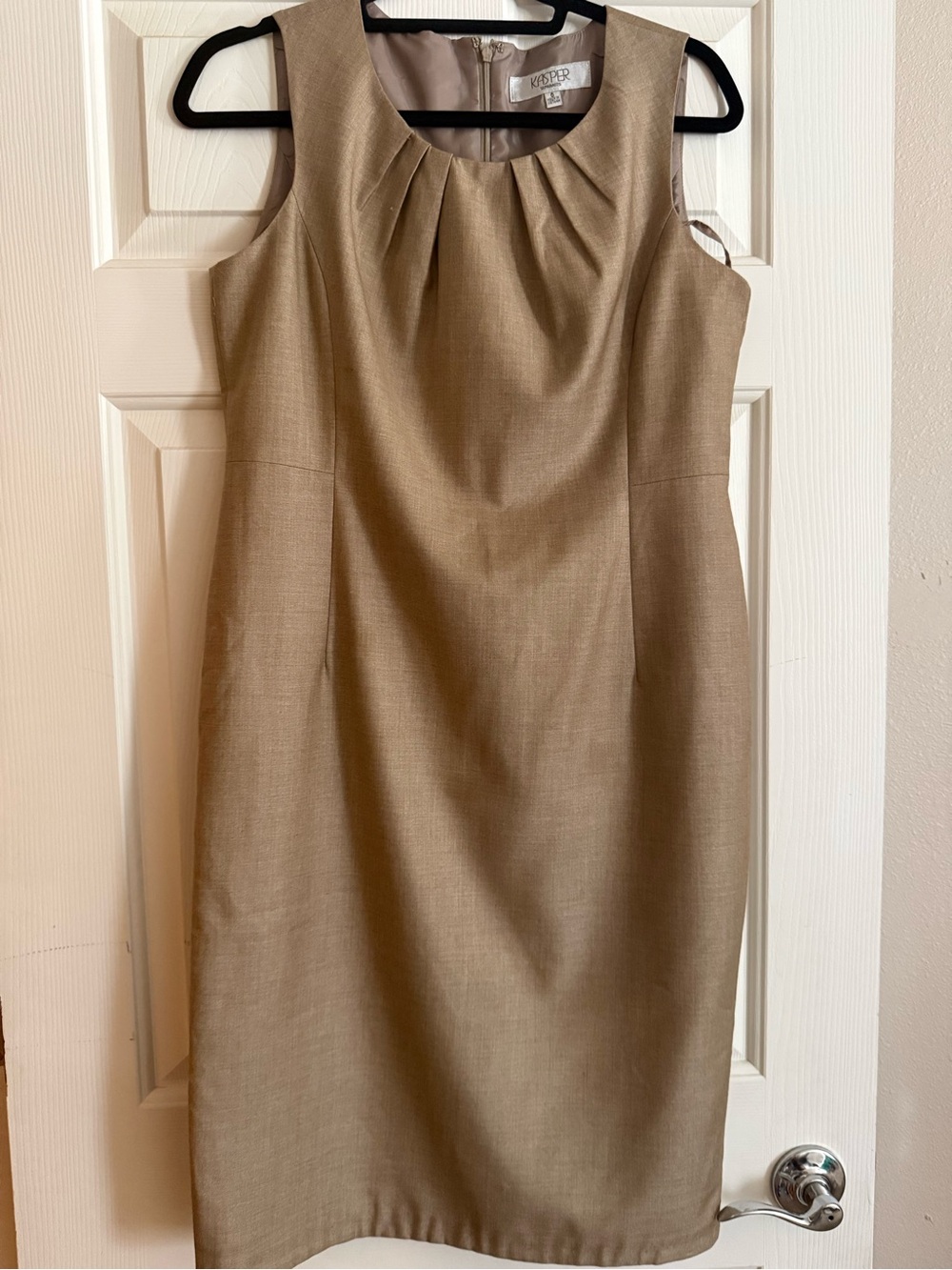 Kasper Taupe Pleated-Neck Sleeveless Sheath Dress